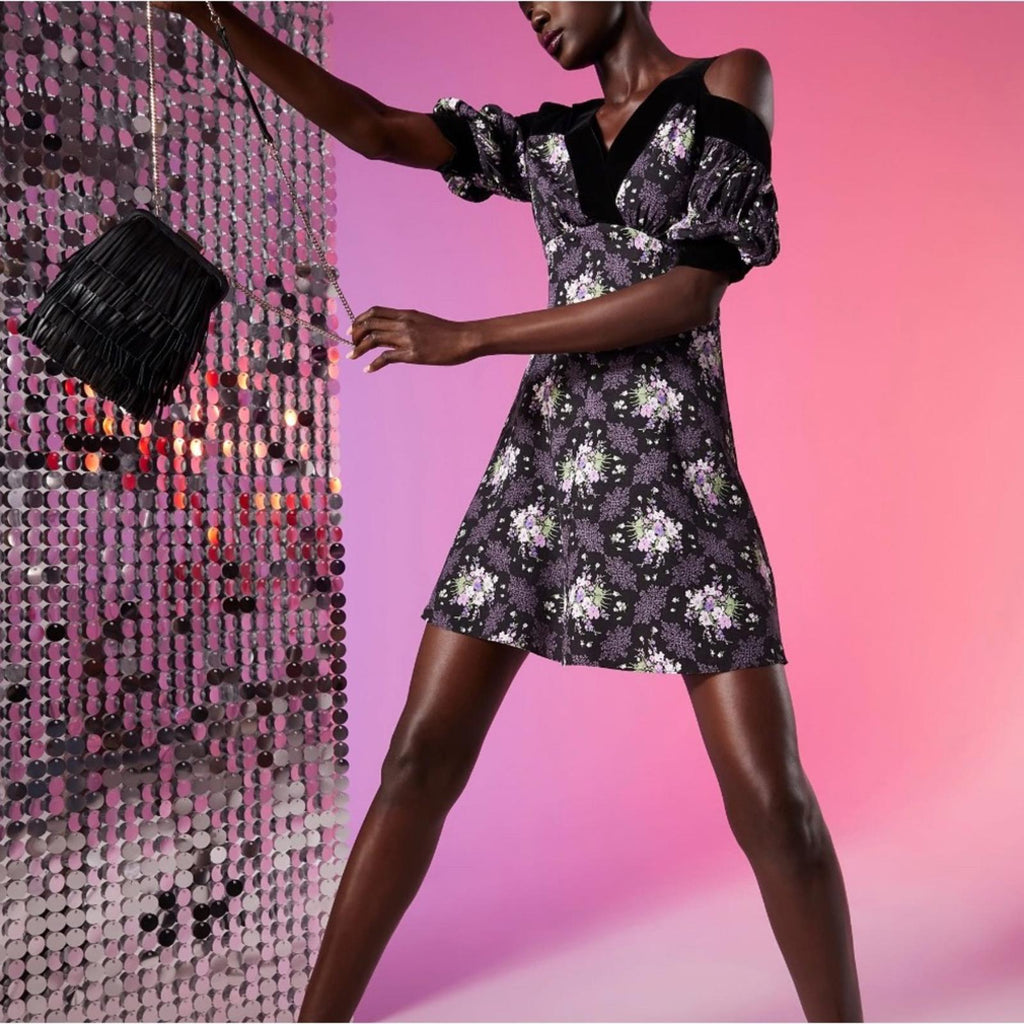 Ted Baker Leilia Floral Cold-Shoulder Mini Dress in Black, Size 2 – NWT