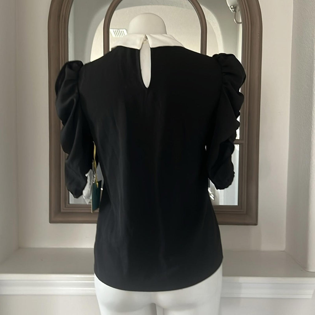 Cece Collared Puff Sleeve Blouse in Rich Black, Size XS New w/Tag Retail $89