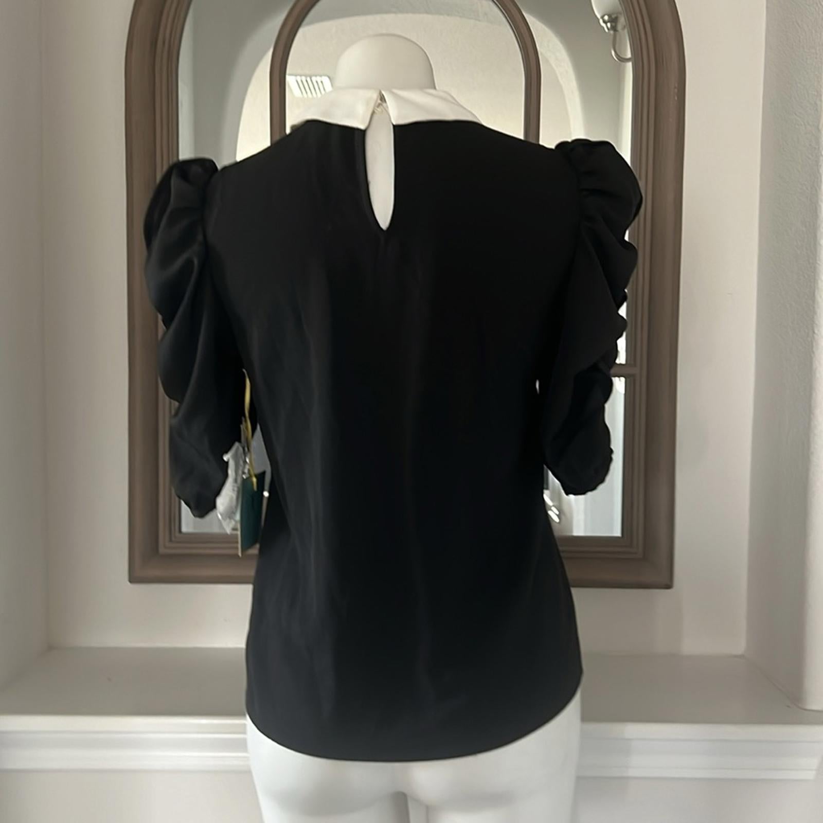 Cece Collared Puff Sleeve Blouse in Rich Black, Size XS New w/Tag Retail $89