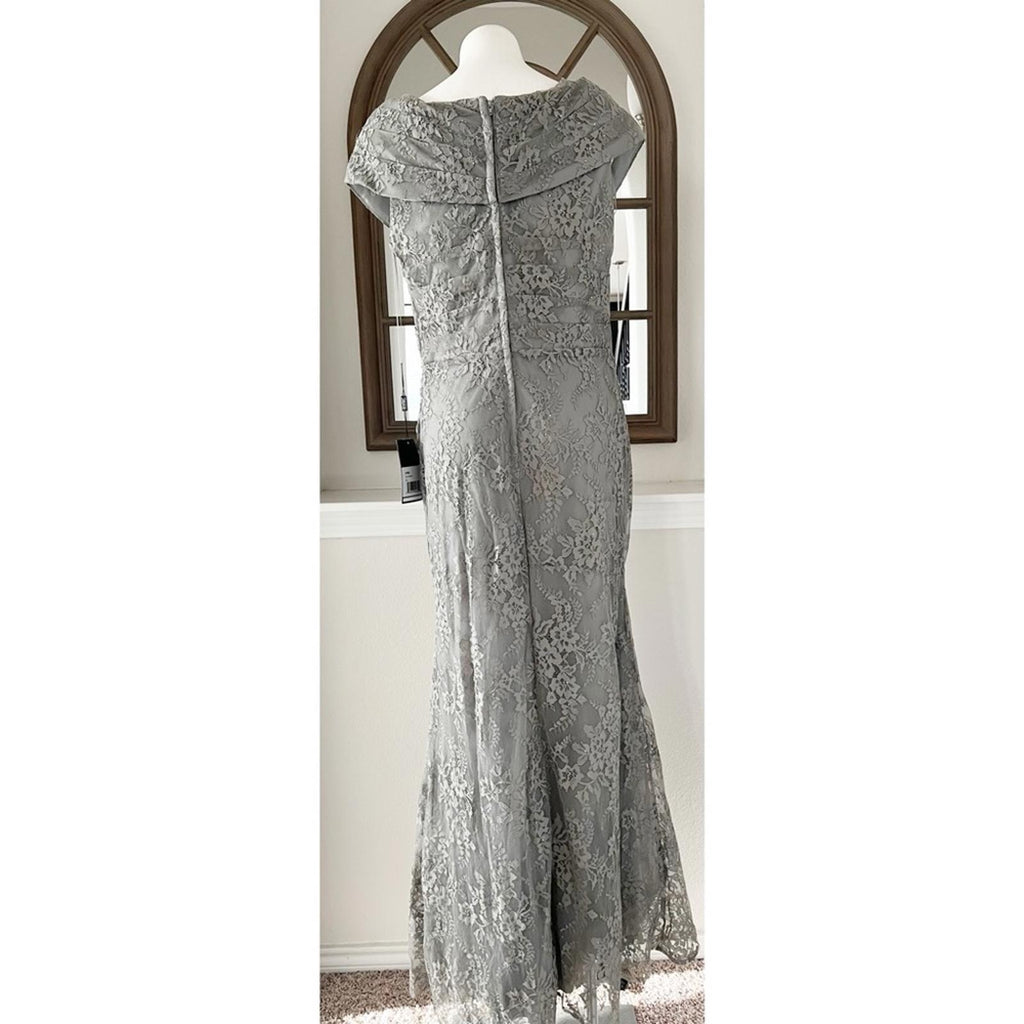 La Femme Lace Off the Shoulder Cap Sleeve Evening Dress in Platinum Size 16 NWT