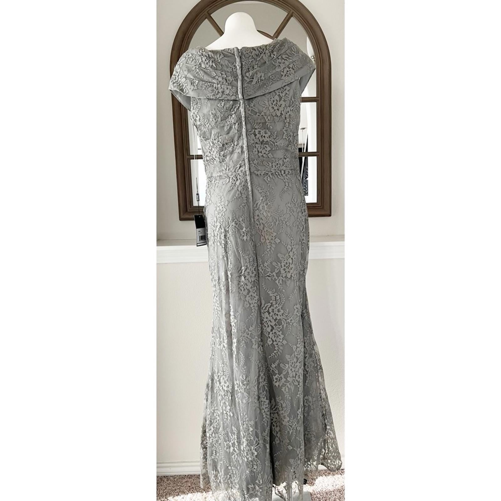 La Femme Lace Off the Shoulder Cap Sleeve Evening Dress in Platinum Size 16 NWT