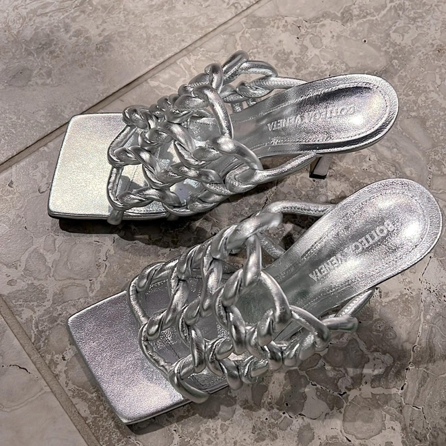 Bottega Veneta Stretch High Heel Slide Sandals in Silver Size 37.5 NEW+2DustBags