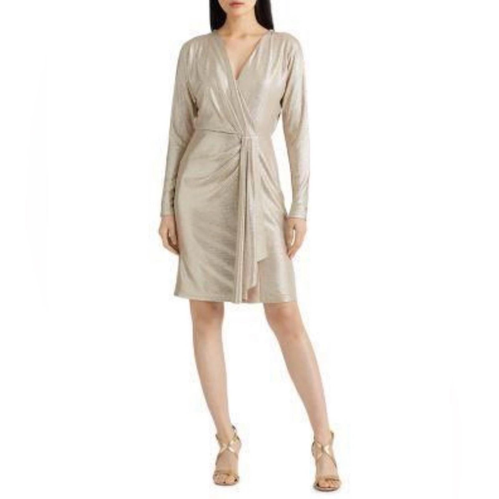 Lauren Ralph Lauren Metallic Stretch Knit Cocktail Dress in Tan/Gold, Size 8 NWT