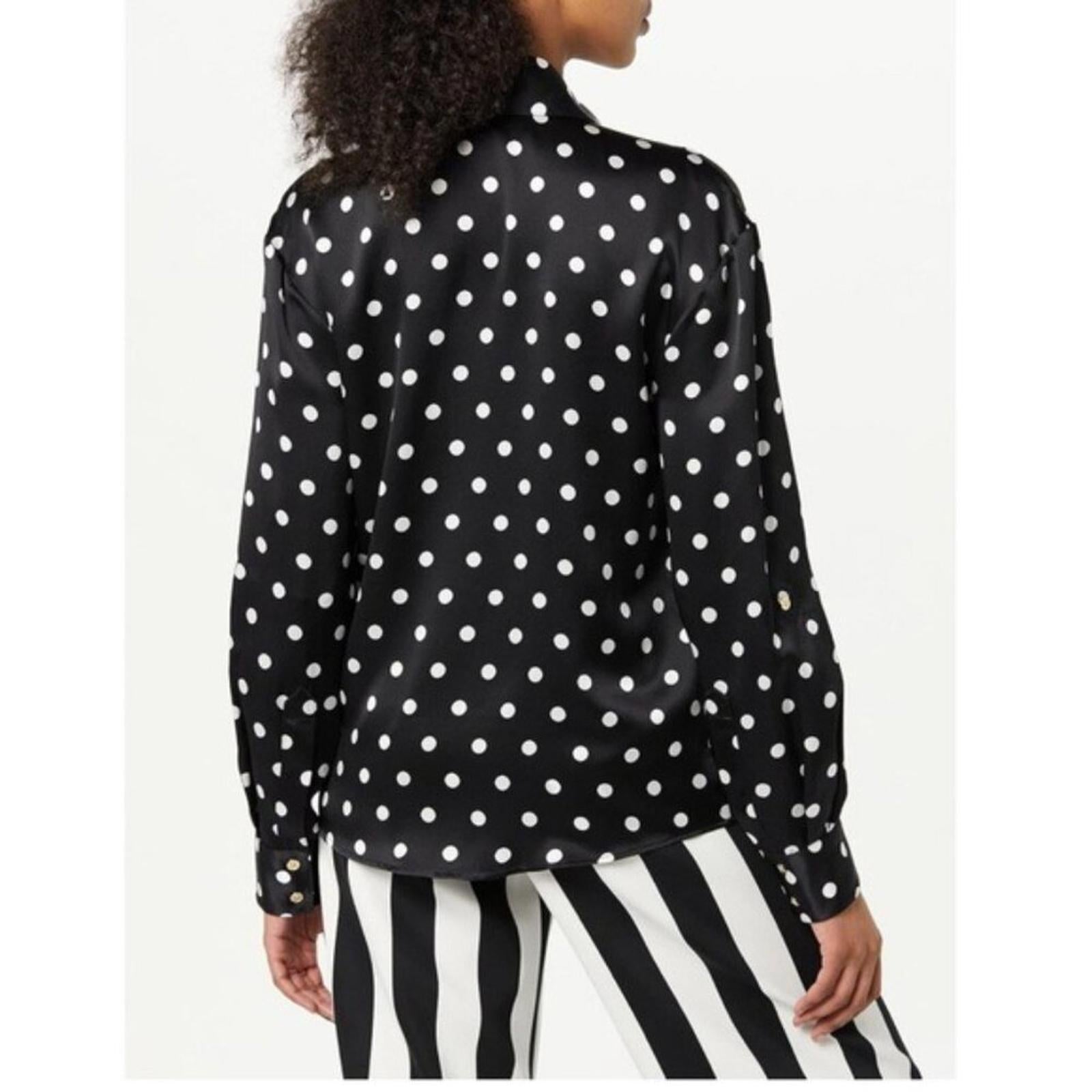 Sergio Hudson Polka Dot Silk Charmeuse Button-Up Blouse, Black/White XS NWT $795