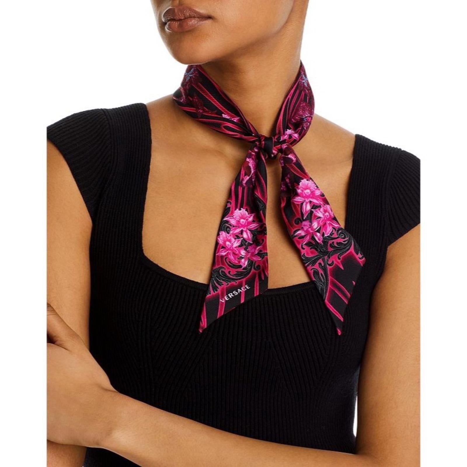 VERSACE Orchid Print Silk Skinny Scarf, NEW w/Tag