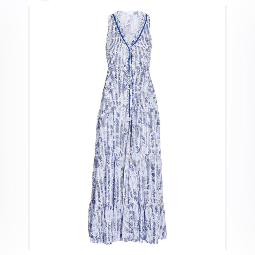 Poupette St. Barth Nana Printed Maxi Dress Revolve Blue Begonia Size L New w/Tag