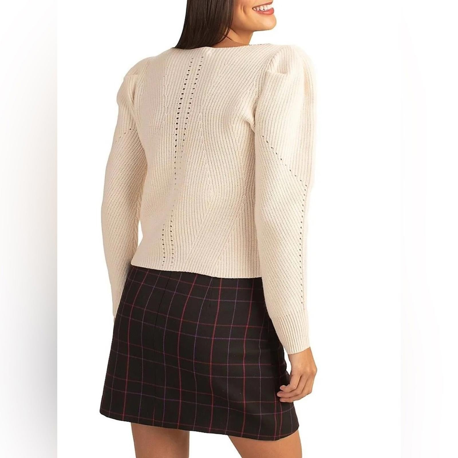 Trina Turk Dalhart Mixed-Stitch Puff-Shoulder Sweater in Ecru, Size L New w/Tag