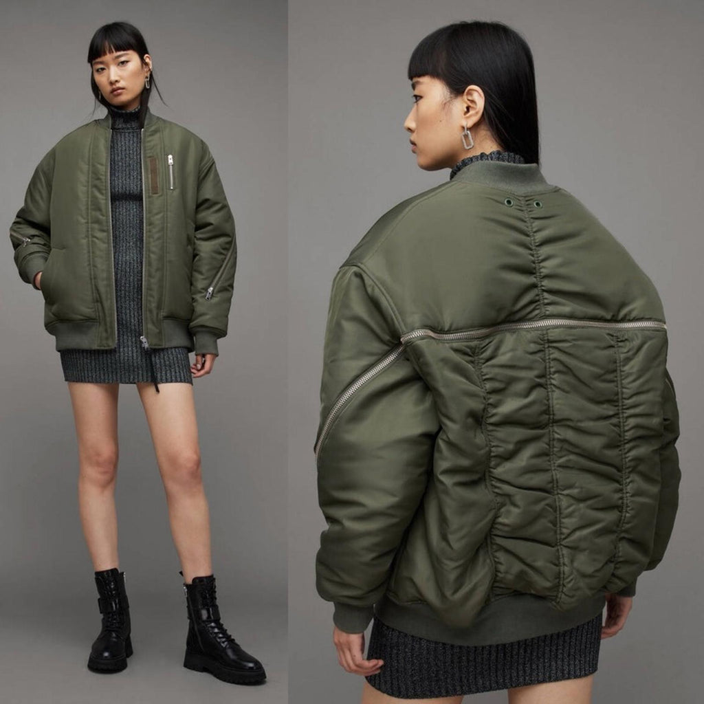 All Saints Scout Ruched Bomber Jacket in Khaki Green, Size L New w/Tag