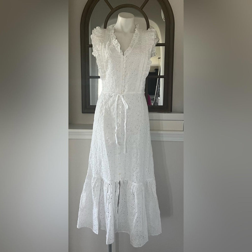 Polo Ralph Lauren Linen Ruffled Eyelet Midi Dress, White Size 4 New w/Tag $398