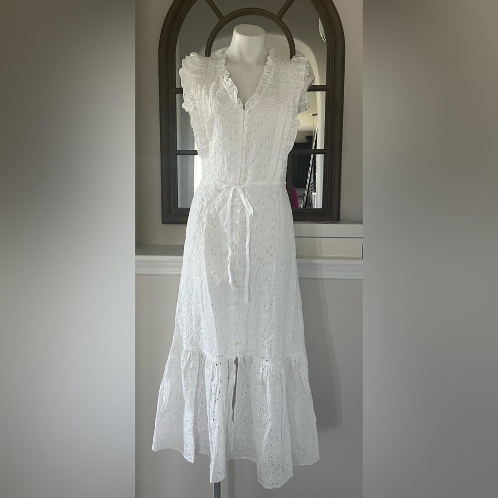 Polo Ralph Lauren Linen Ruffled Eyelet Midi Dress, White Size 4 New w/Tag $398