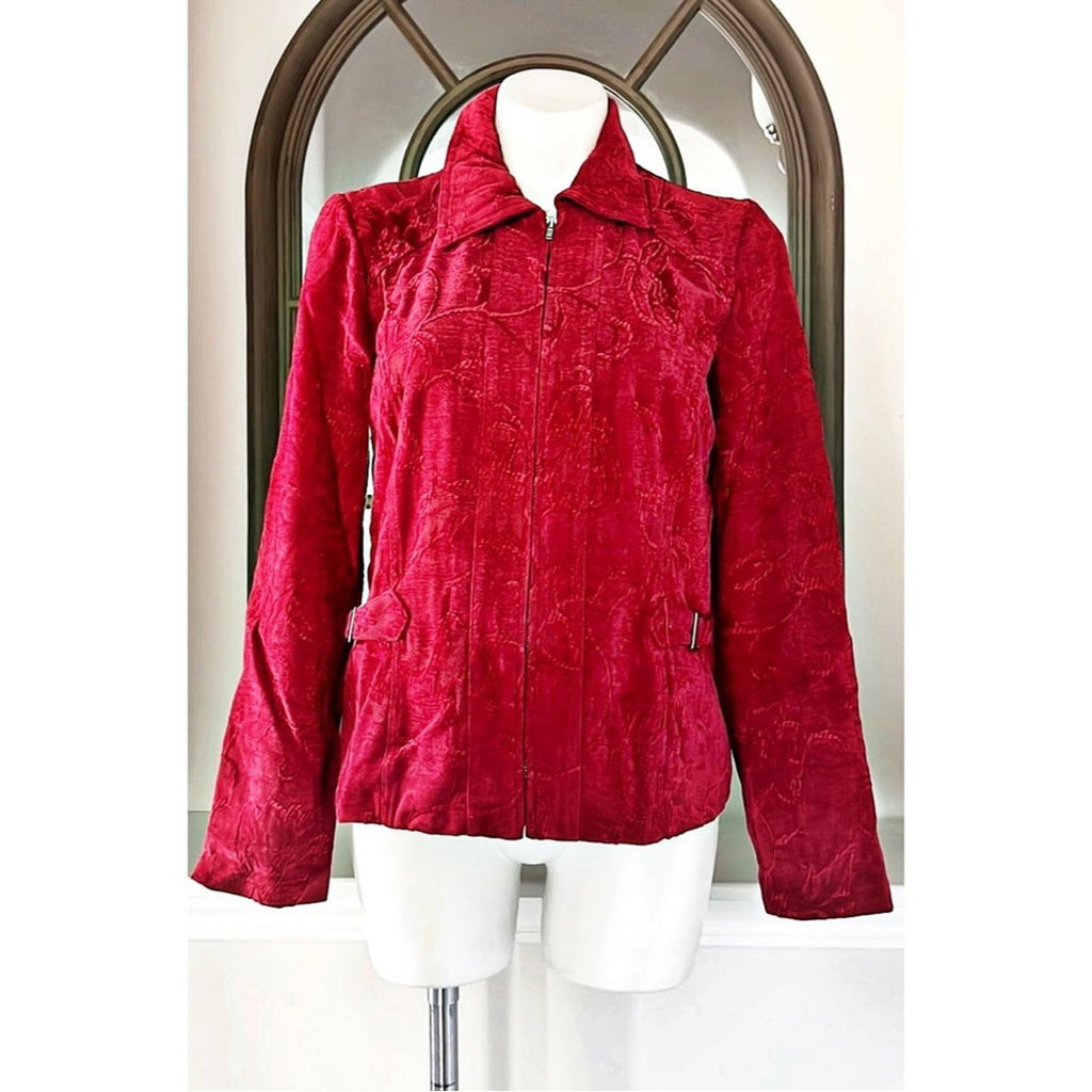 Christopher & Banks Floral Corduroy Front Zip Jacket in Red, Size L EXCELLENT