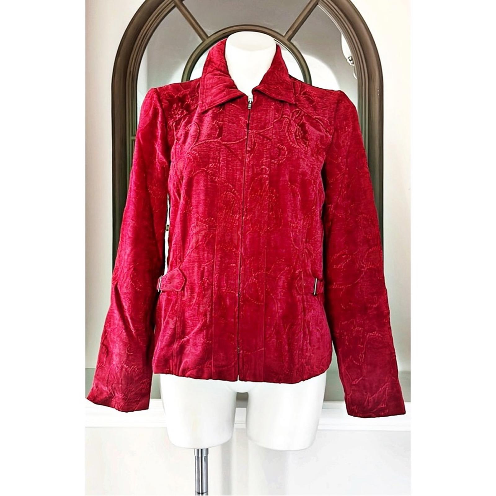 Christopher & Banks Floral Corduroy Front Zip Jacket in Red, Size L EXCELLENT