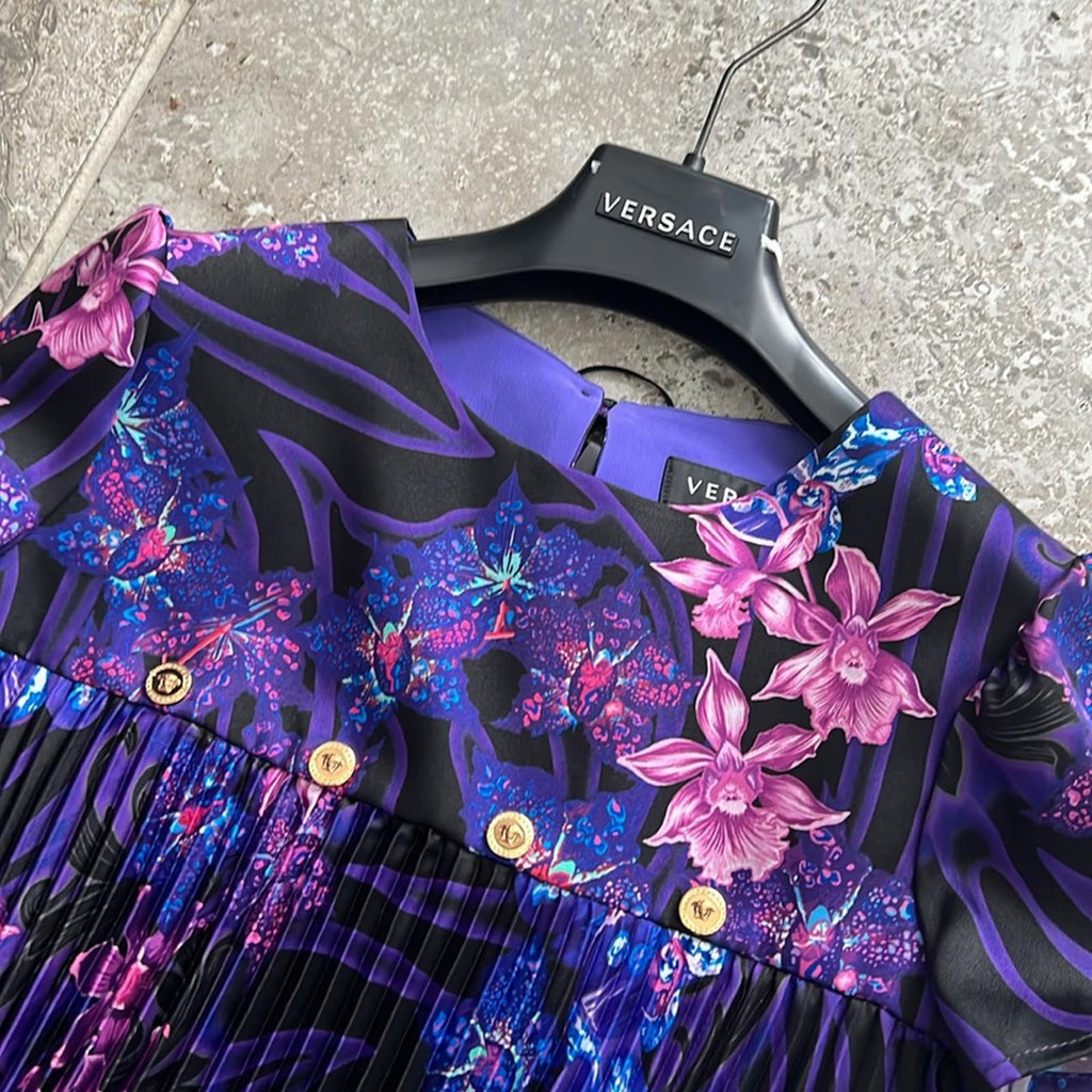 Versace Orchid Barocco Kids Pleated Dress, NWT, Girls Size 12 Retail $795