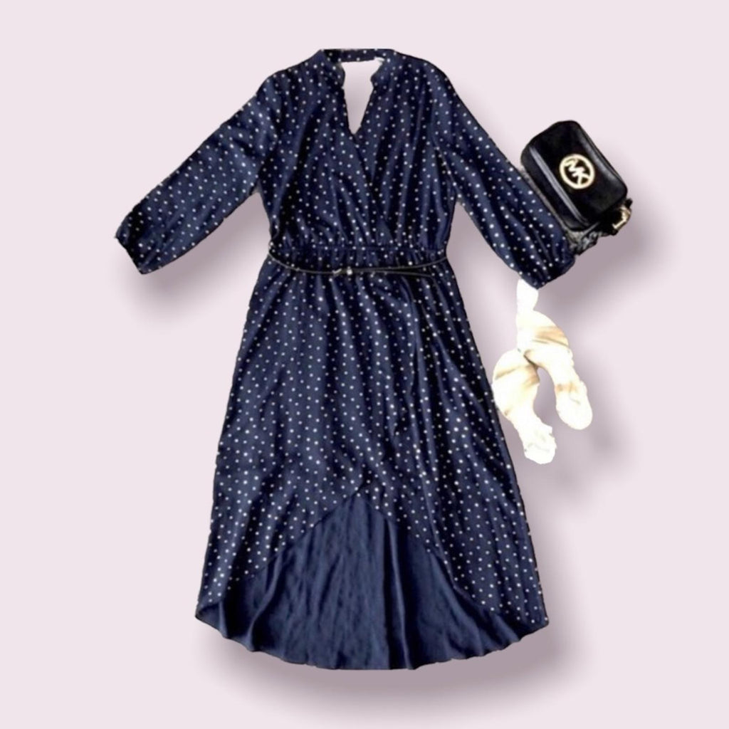Laundry Faux Wrap Hi-Low Hem Maxi Dress in Navy/Gold Stars, NWT
