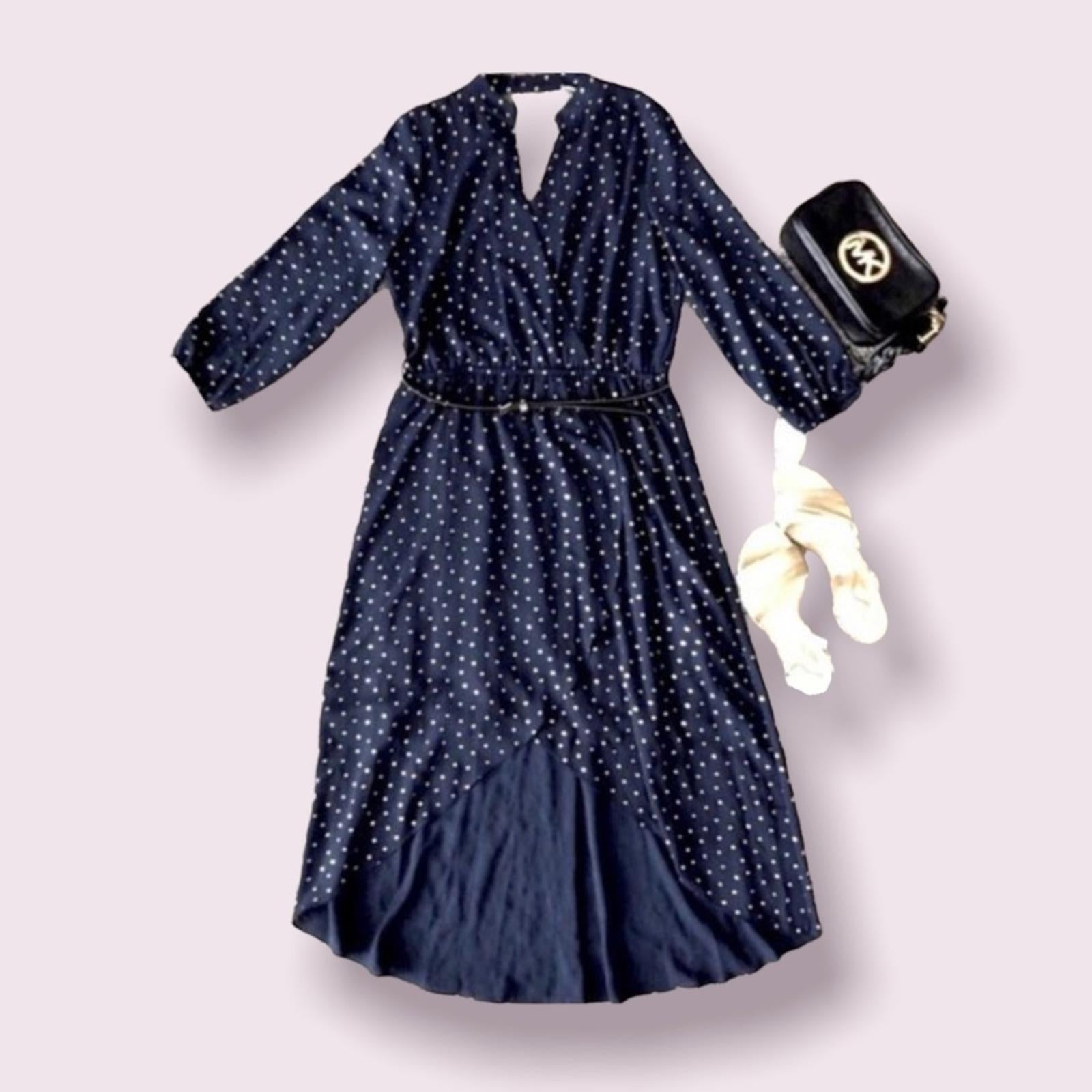 Laundry Faux Wrap Hi-Low Hem Maxi Dress in Navy/Gold Stars, NWT
