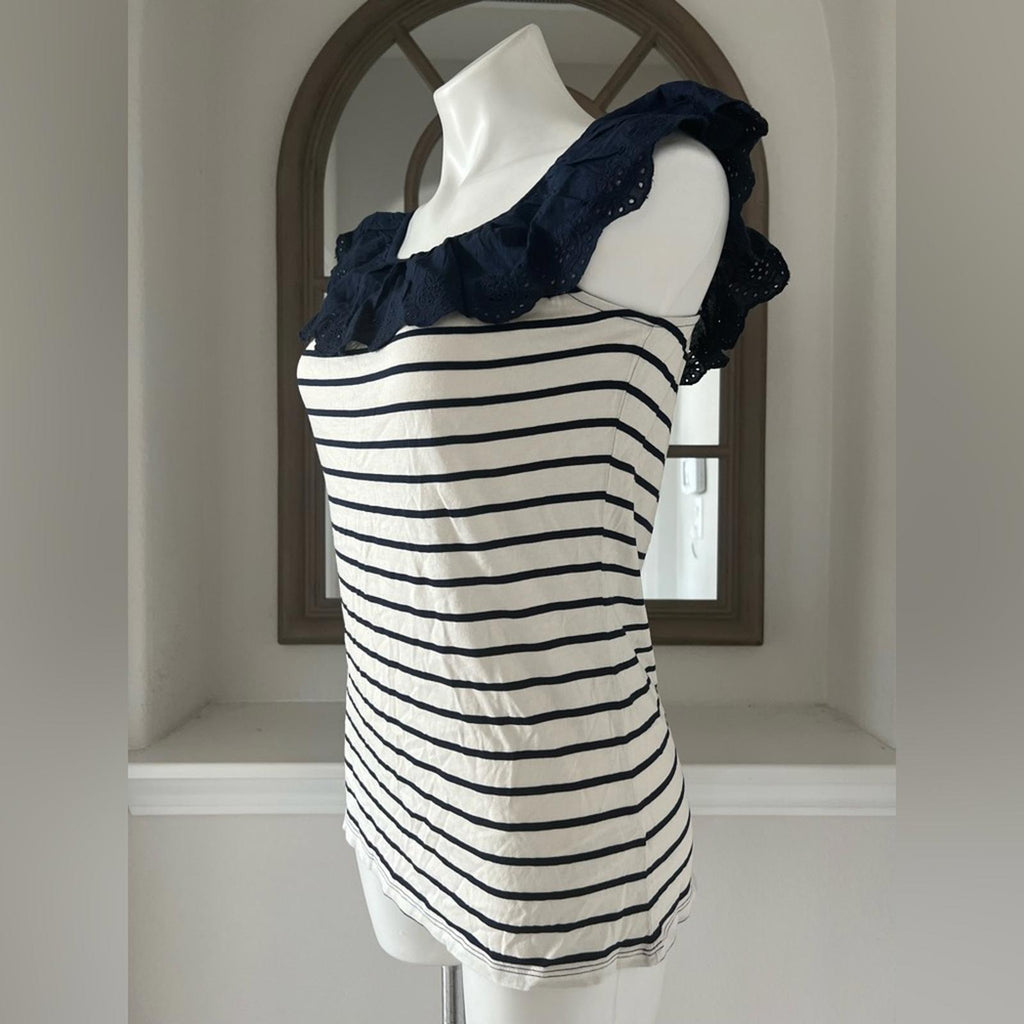 Lauren Ralph Lauren Striped Eyelet Ruffle Top, Cap Sleeve Round Neck Size XL NWT