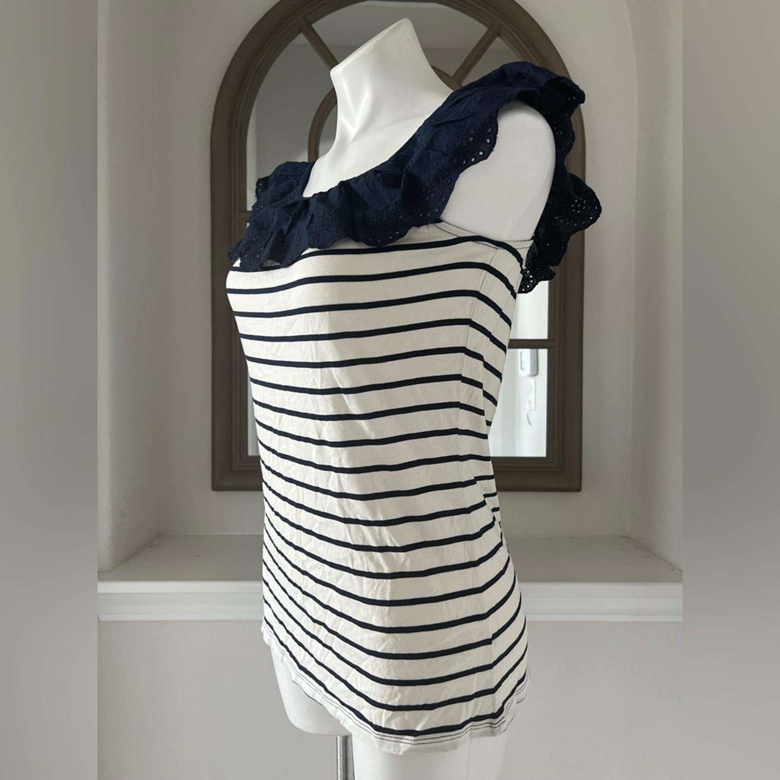 Lauren Ralph Lauren Striped Eyelet Ruffle Top, Cap Sleeve Round Neck Size XL NWT
