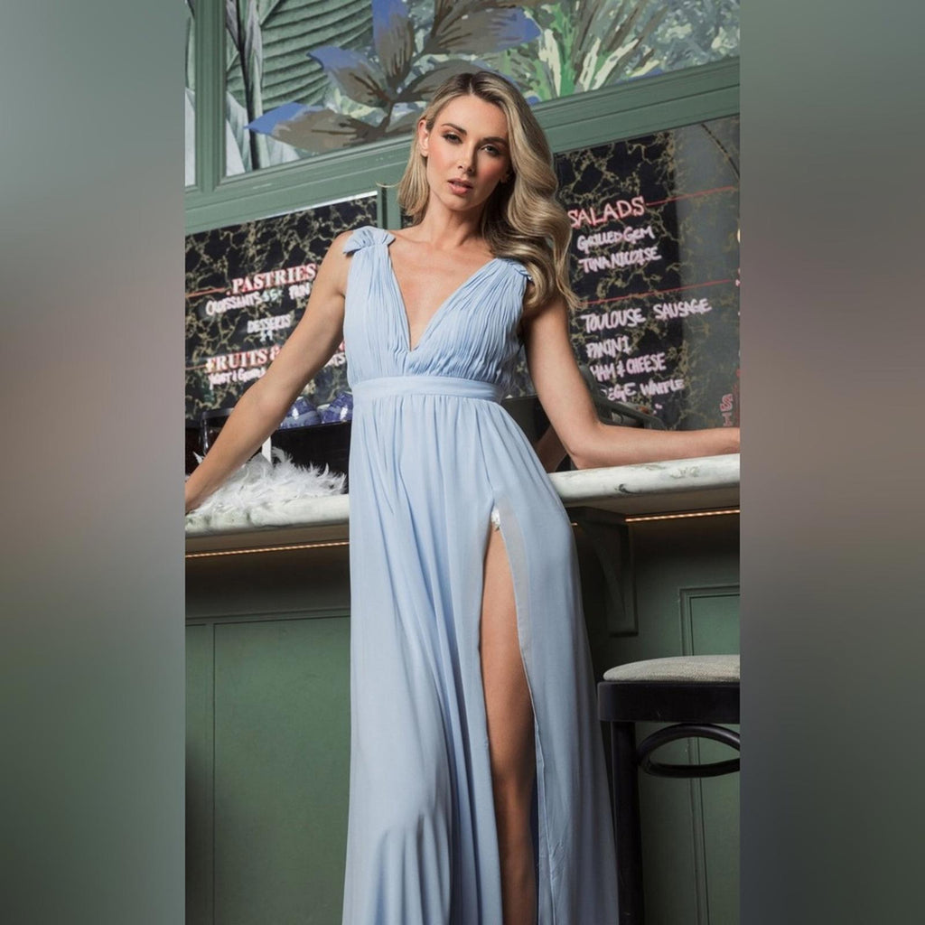 Mac Duggal IEENA Chiffon Plunge Neck Gown in Powder Blue, Size 12 New w/Tag $258