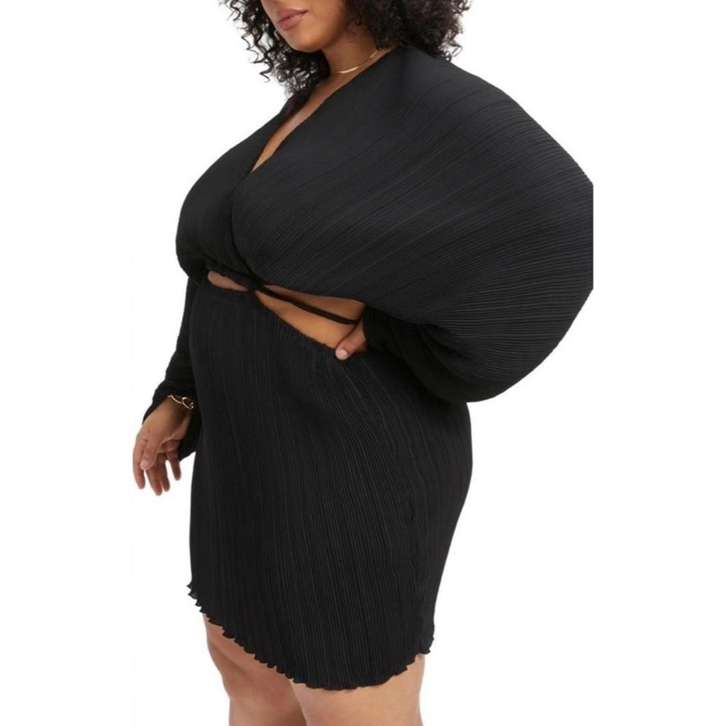 Good American Plissé Sculpted Long Sleeve Cutout Black Mini Dress, NWT, Size 3/4