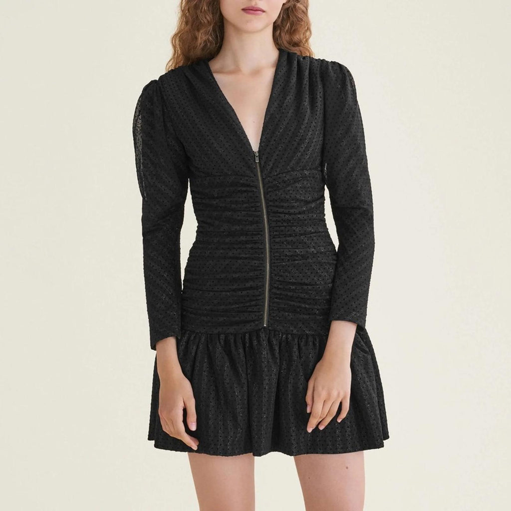 Maje Ralone Mesh Polka-Dot Metallic Flecked Striped Dress, Size 1 (S) NWT $570