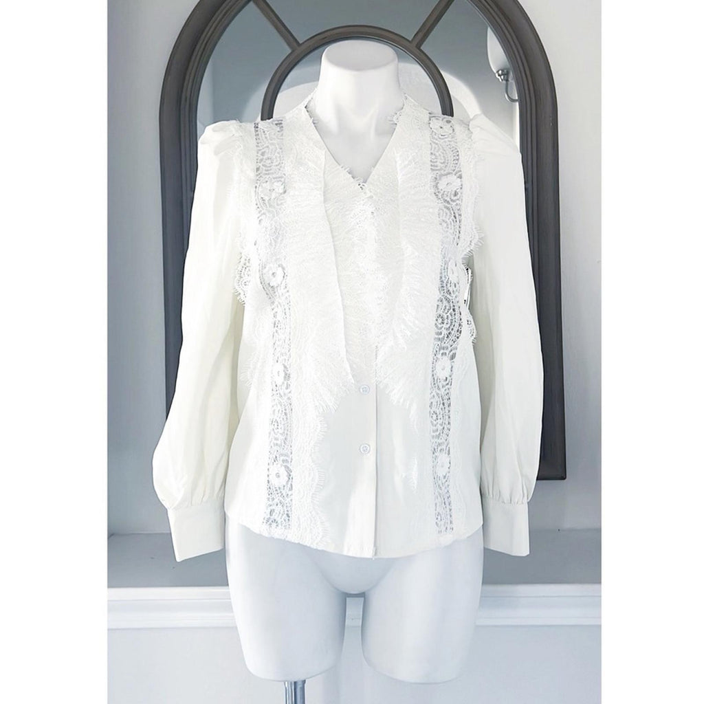 Beulah Style Lace V-Neck Blouse in White, Size XS NEW w/Tag $154