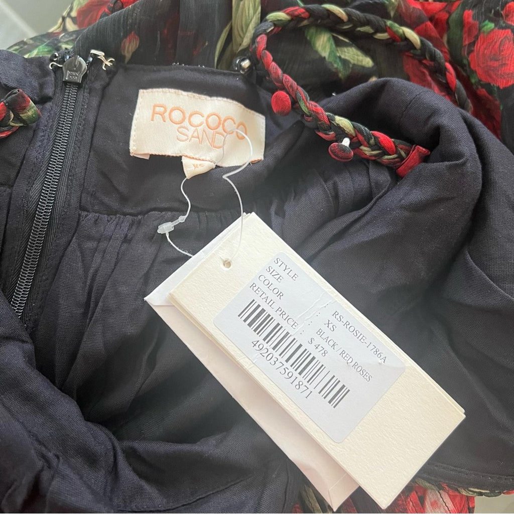 Rococo Sand Tiered Maxi Dress in Black/Red Roses, NWT, Size XS Retail $478