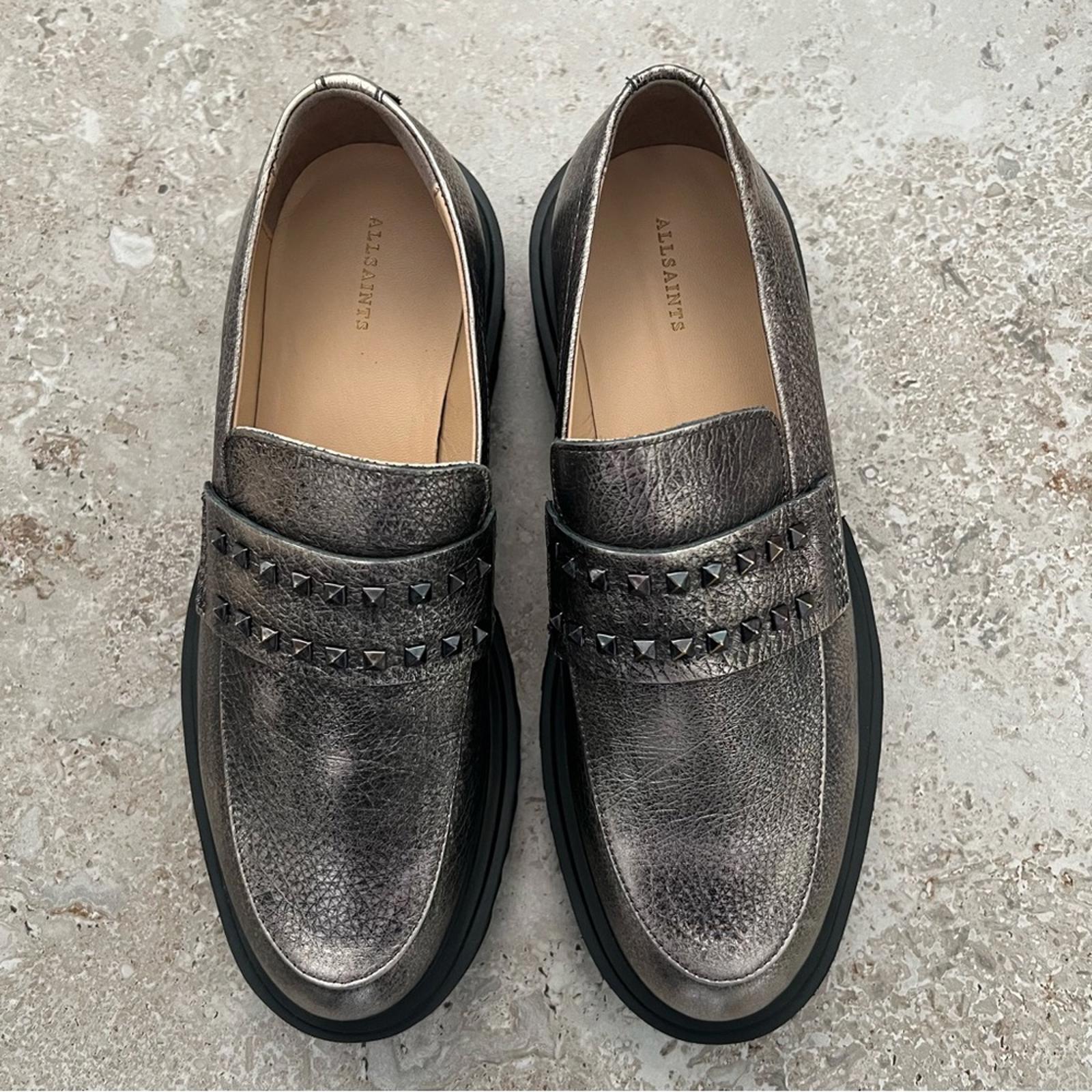 AllSaints Lola Studded Apron Toe Loafers, Pewter Size EU41 (Sold Out) New in Box