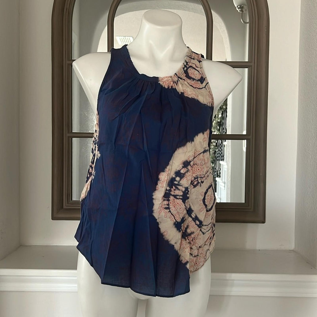 Raquel Allegra Voile Block Print Shirred Sleeveless Top, Blue/Red Size 0 $132.50