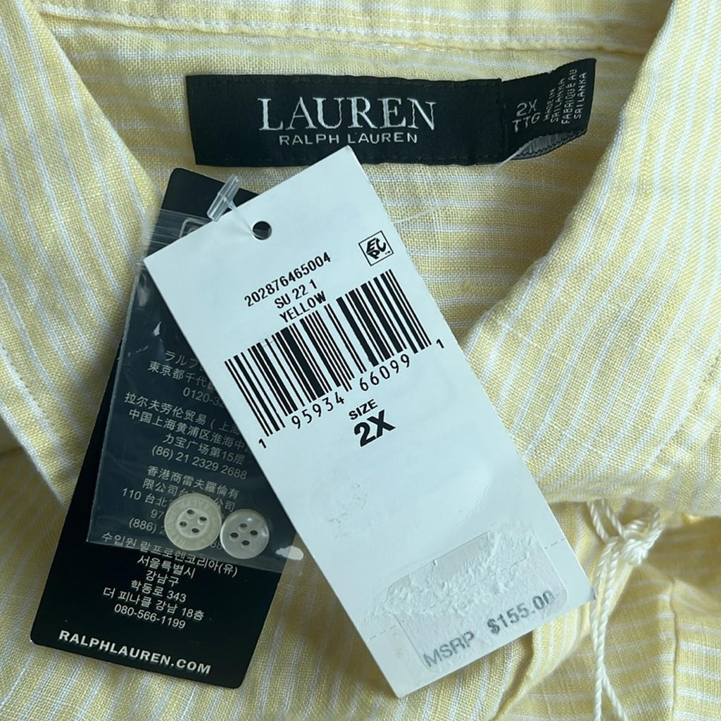 Lauren Ralph Lauren Linen Belted Tunic Blouse in Yellow, Plus Size 2X NEW