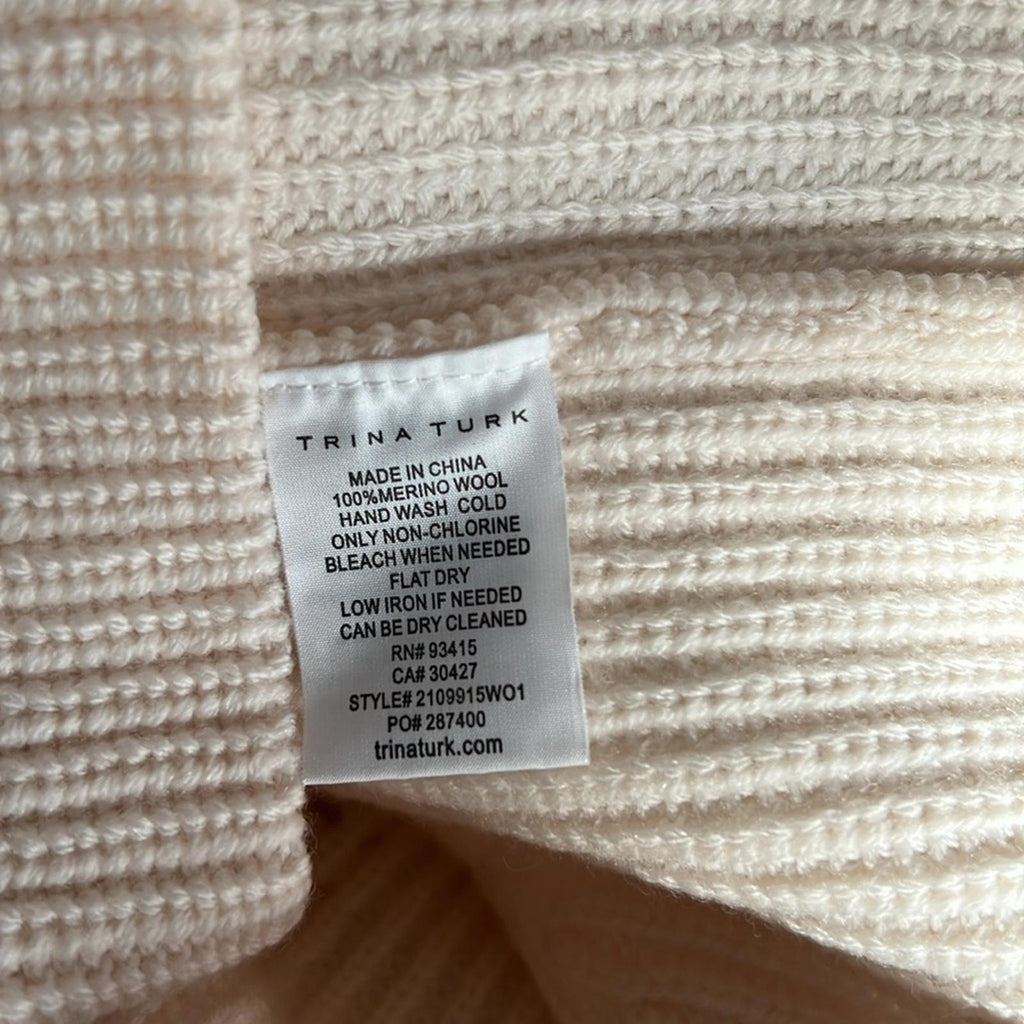Trina Turk Dalhart Mixed-Stitch Puff-Shoulder Sweater in Ecru, Size L New w/Tag