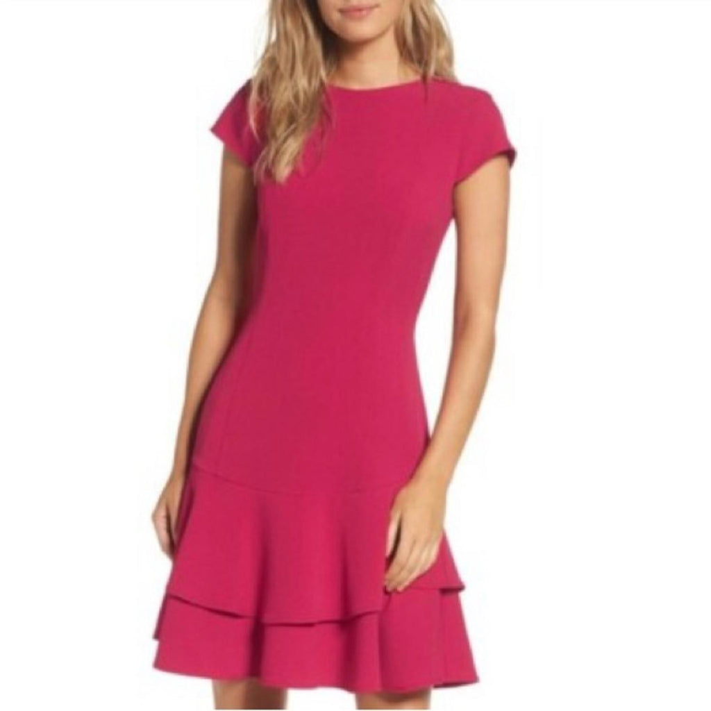 Eliza J. Stretch Layered Tiered Ruffle Crepe Sheath Dress in Berry Pink, Size 18