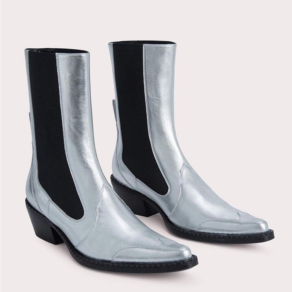 By Far Otis Chelsea Boots, Silver Metallic Leather Size 37 New in Box +Dust Bag