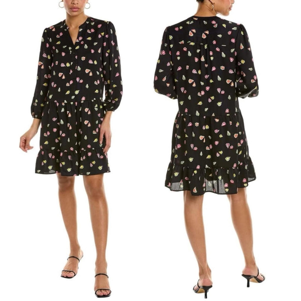 Nic+Zoe Tiered Long-Sleeve Dress w/Mandarin Collar, Black Multi, Size L NWT $188