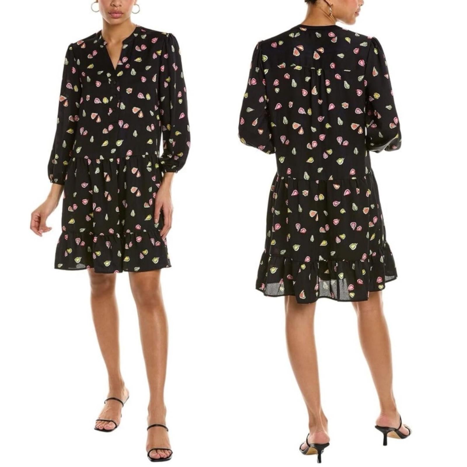 Nic+Zoe Tiered Long-Sleeve Dress w/Mandarin Collar, Black Multi, Size L NWT $188