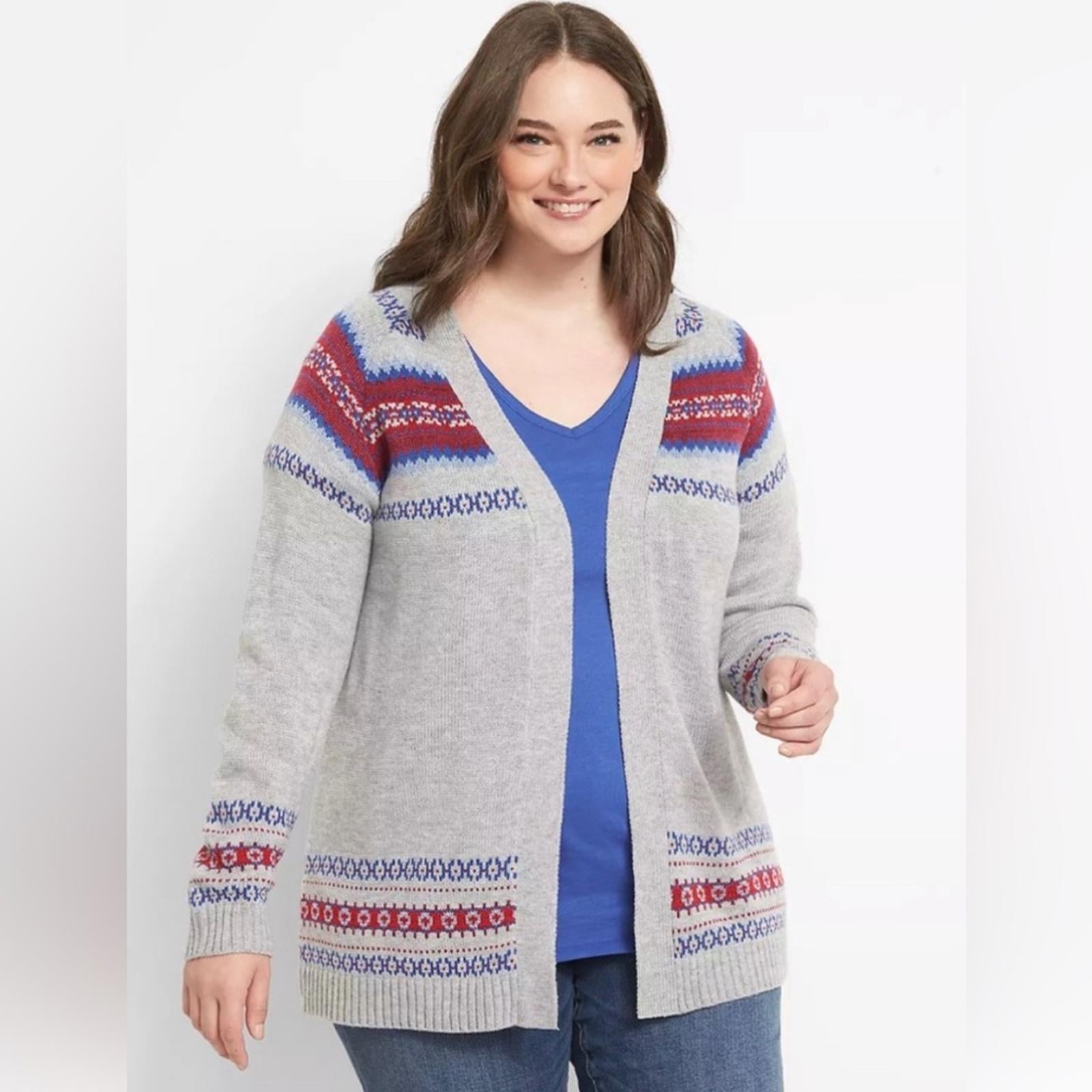 Lane Bryant Open Front Fair Isle Cardigan in Grey, Plus Size 14/16 EXCELLENT!