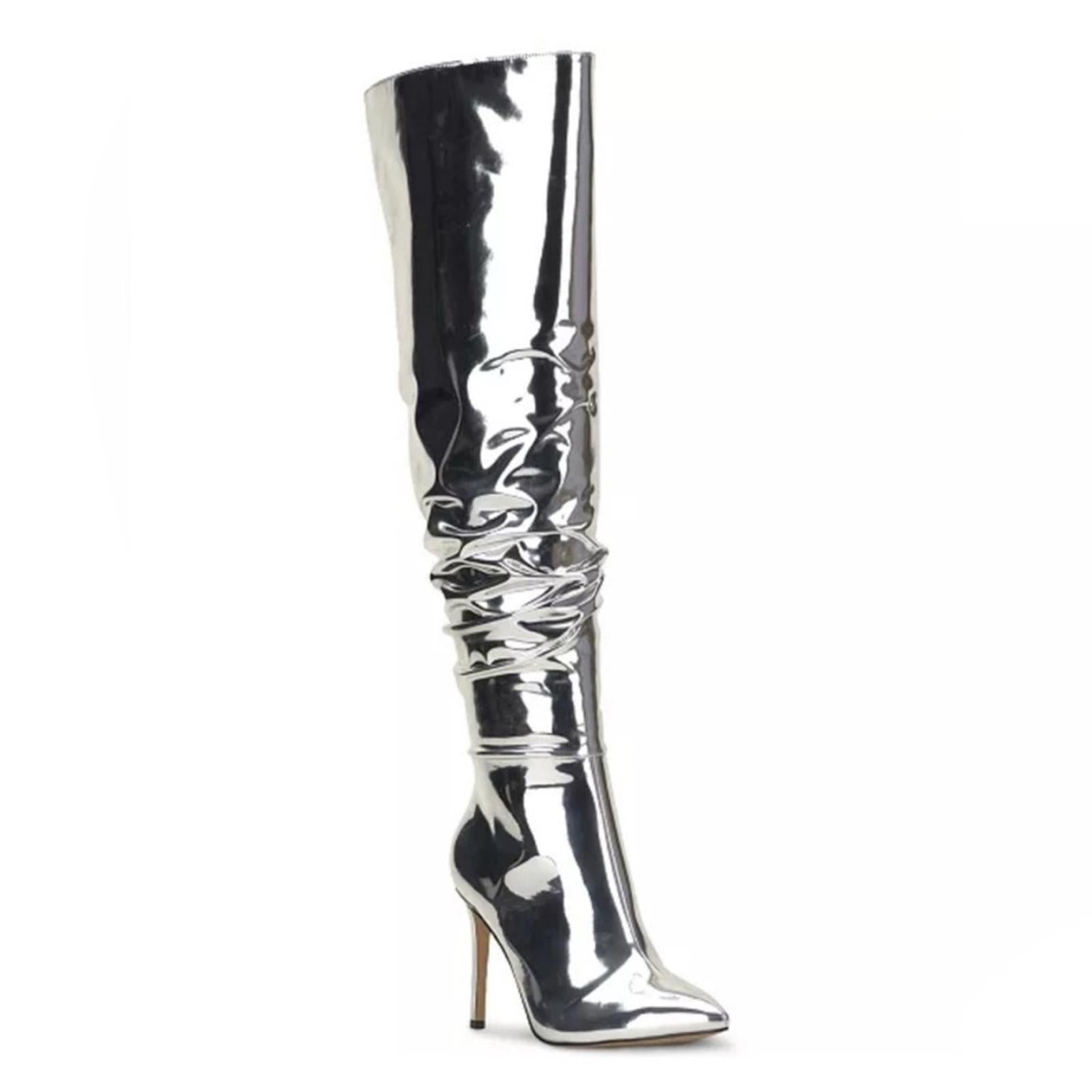 I.N.C. Iyonna Over-The-Knee Slouch Boots in Patent Silver Size 5.5 NEW $169.50