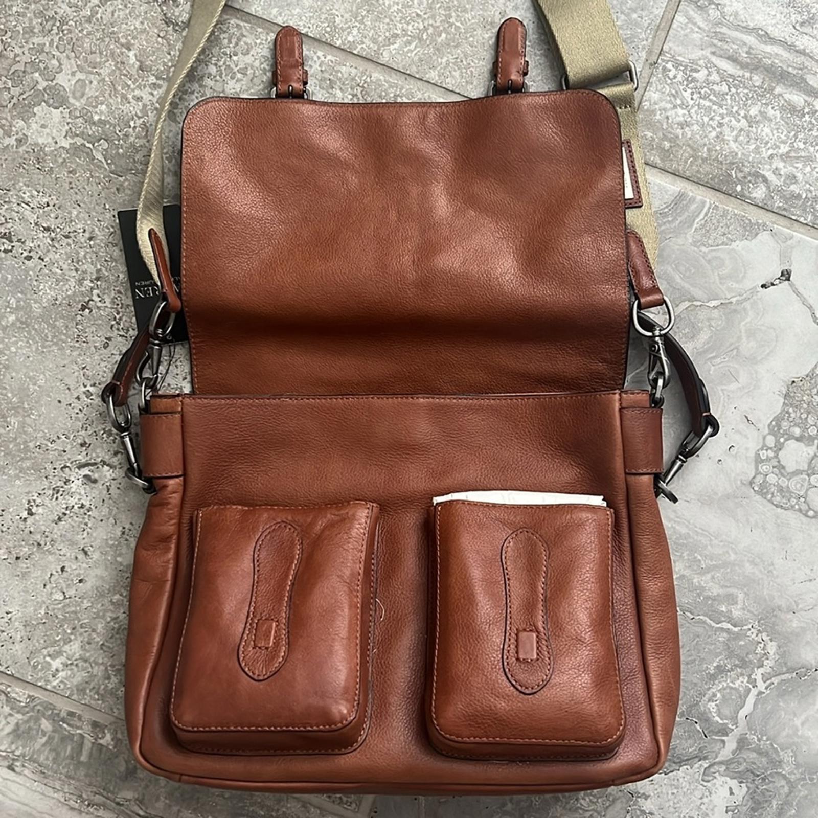 Ralph Lauren Studded Leather Noa Crossbody with Front Pockets, Brown, New w/Tag