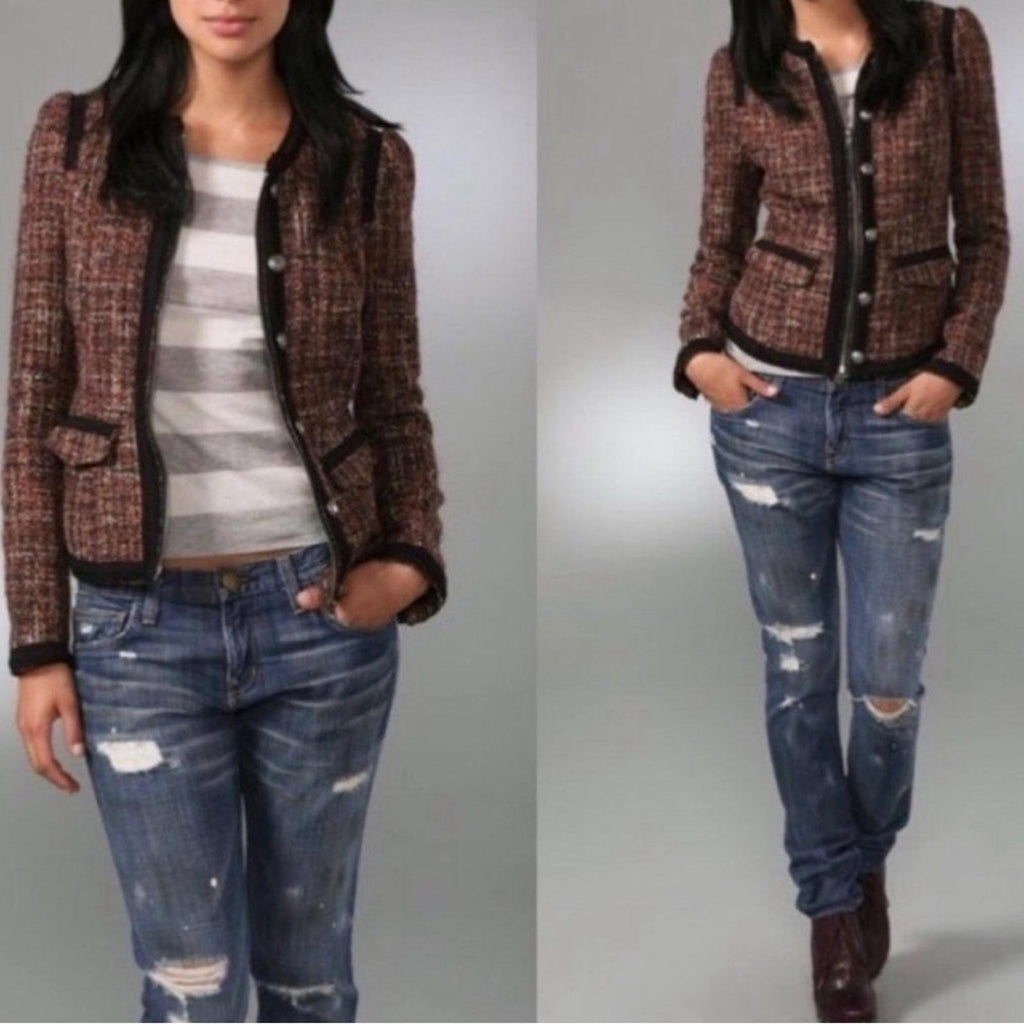 Free People Tweed Moto Jacket, Wool Brown/Purple w/Black Trim Size 4 Retail $198