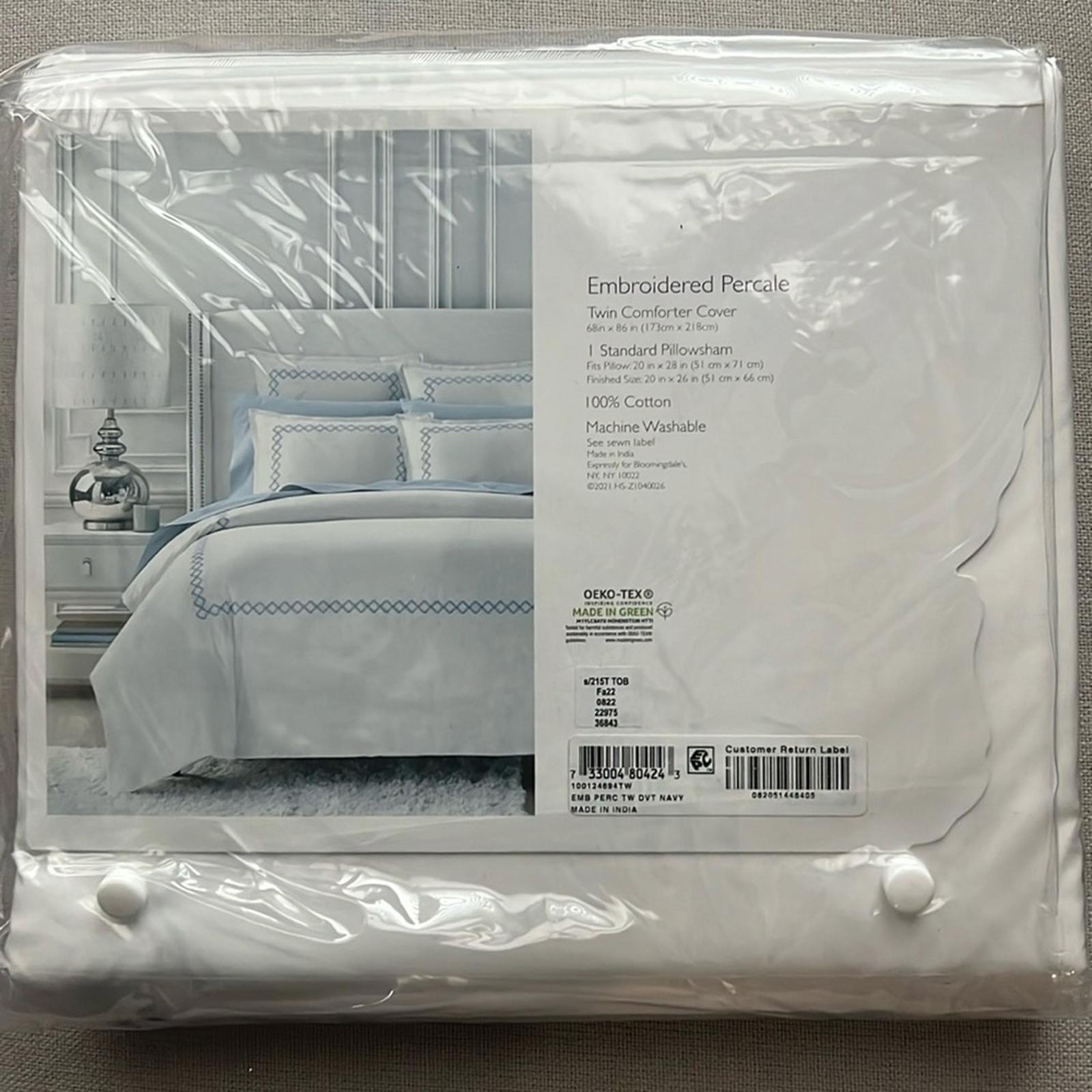 Sky NAVY Embroidered Percale Duvet Cover and Sham Set, Twin New w/Tag