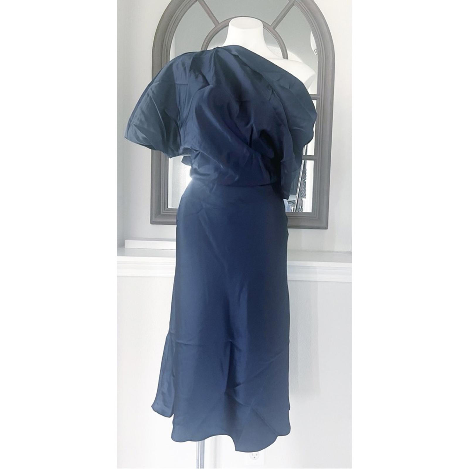 NEW Amsale NAVY One Shoulder Fluid Satin Cocktail Midi Dress, Size 4 Retail $385