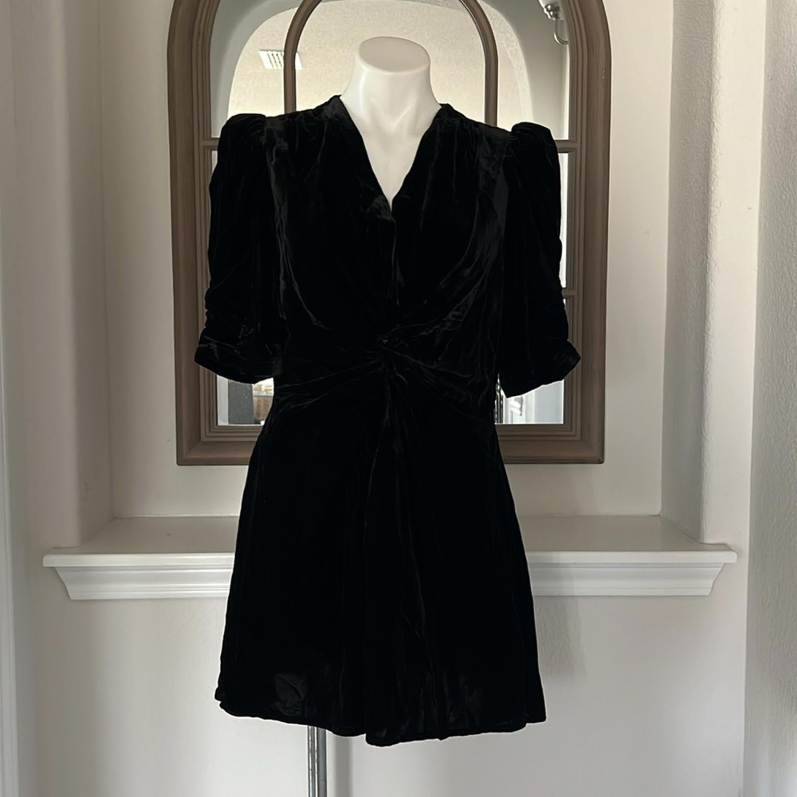 RHODE Leanna Twisted Puff Sleeve Mini Dress, Black Size L New w/Tag Retail $495