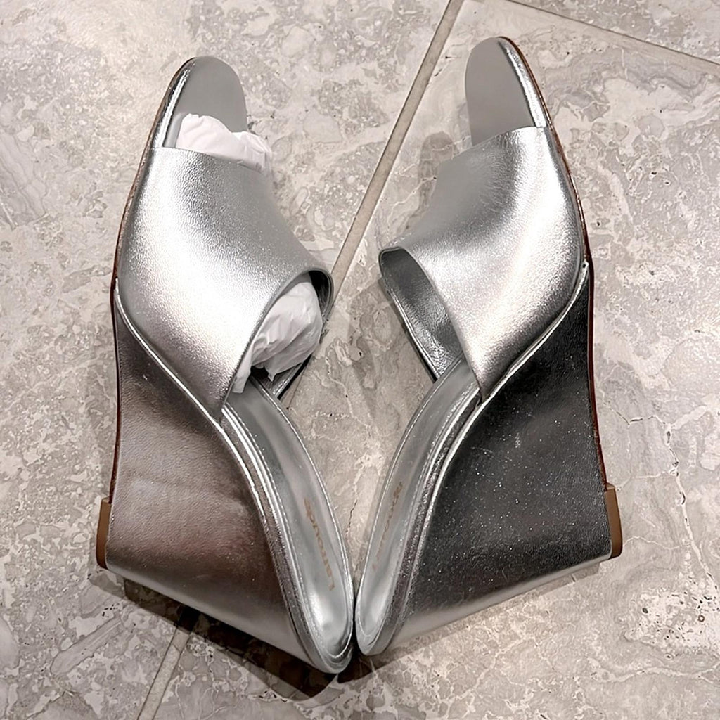 Larroude Jackie Wedge Heel Slide Sandals in Metallic Silver Size10 New w/DustBag