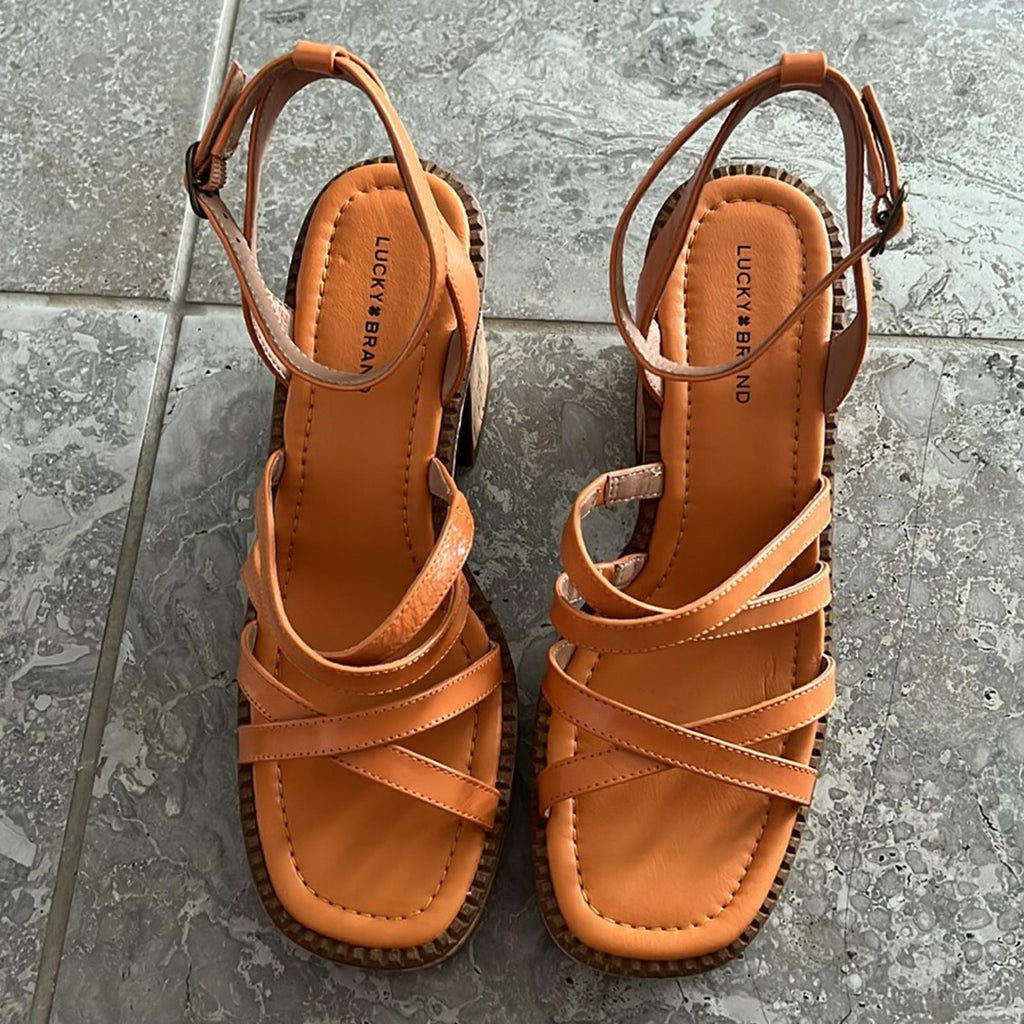Lucky Brand Taiza Ankle Strap Platform Sandals in Sunflower Tan, Size 9.5 NEW