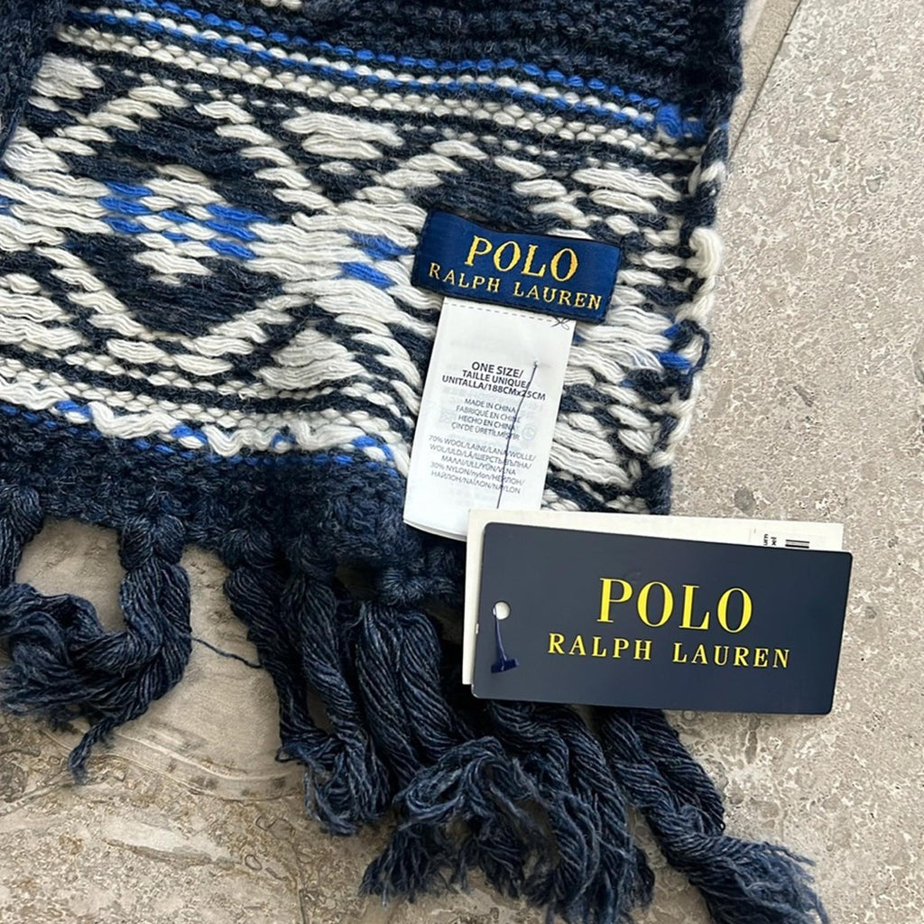 Polo Ralph Lauren Wool & Nylon Geometric Ski Scarf, Navy One Size New with Tag