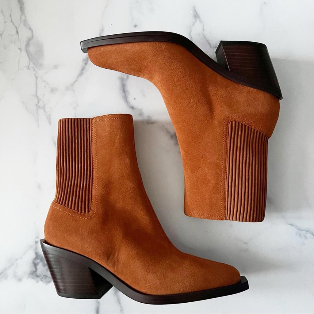 COACH Prestyn Ankle Booties in Burnished Amber, Leather Suede Boots NEW in Box