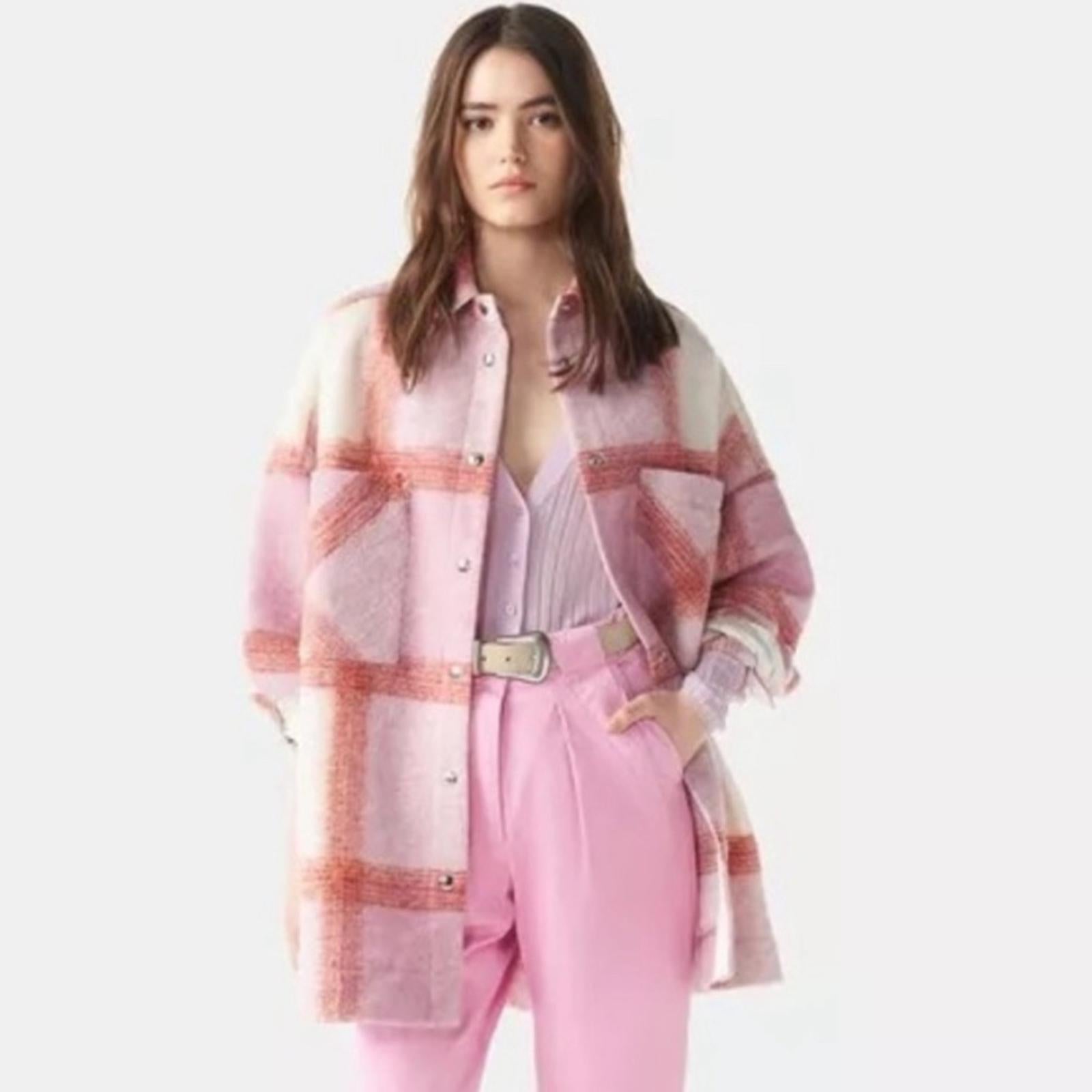NWT IRO Lemina Check Plaid Oversized Shacket Jacket, Mixed Pink Size 34/XS $435