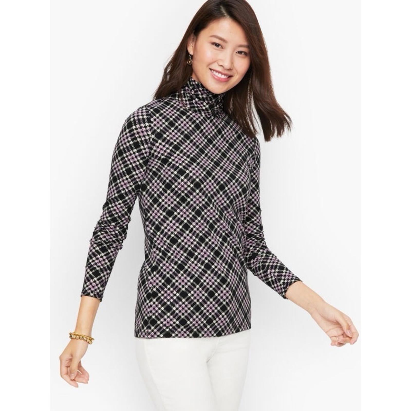 NEW Talbots Cotton Turtleneck Bias Plaid Top Black/Purple Size S New w/o Tag