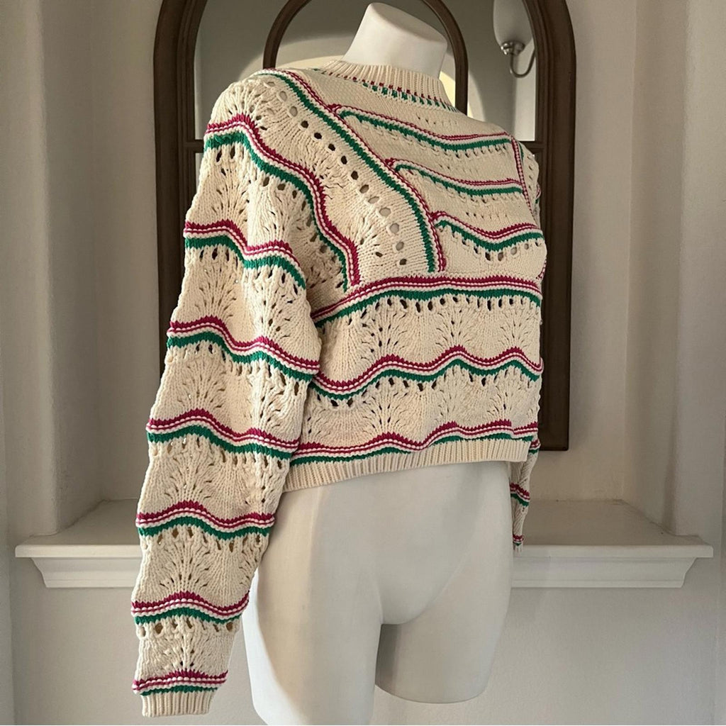 ba&sh Ecru Hicham Jumper Stripe Pointelle Sweater, Ivory Size XS Retail $336