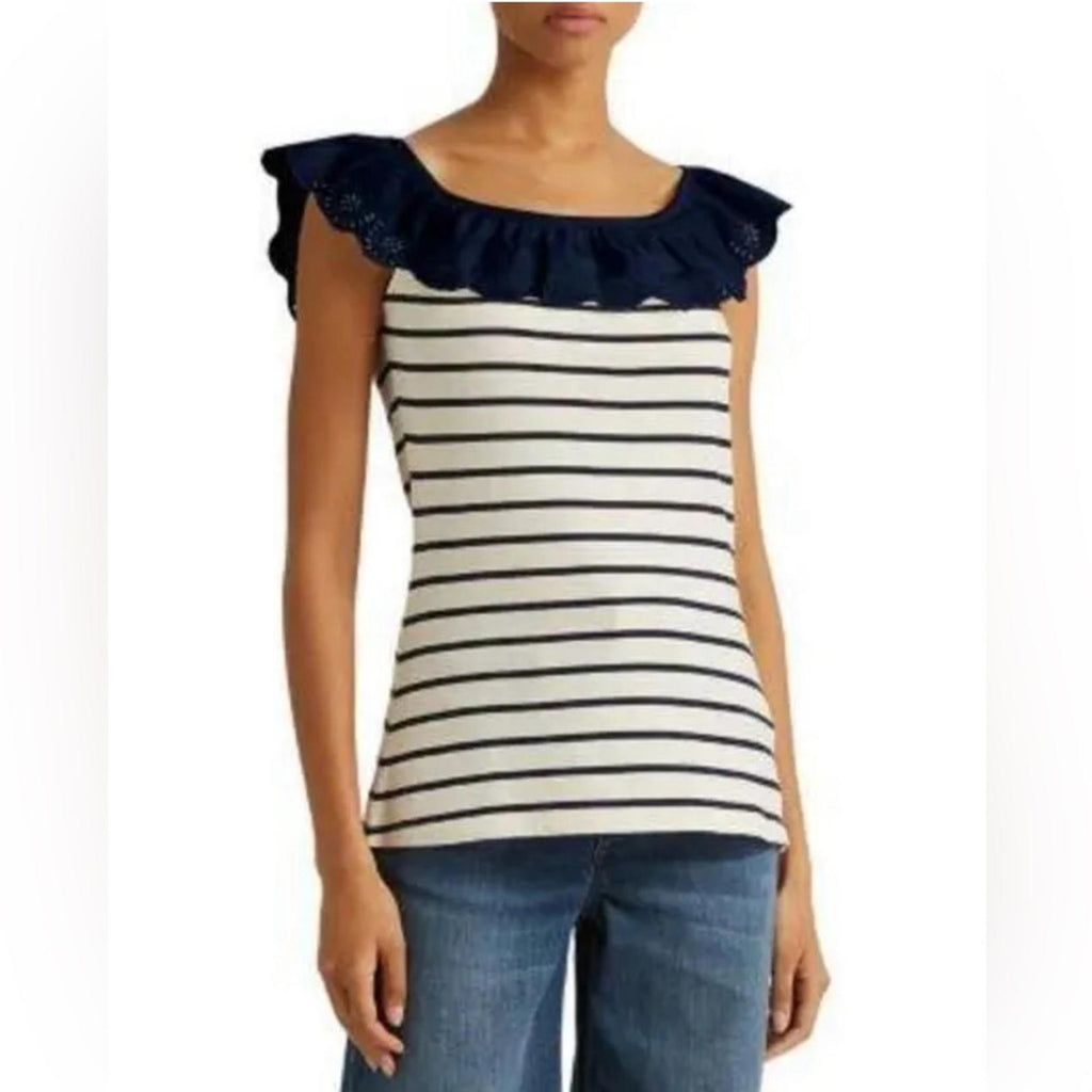 Lauren Ralph Lauren Striped Eyelet Ruffle Top, Cap Sleeve Round Neck Size XL NWT