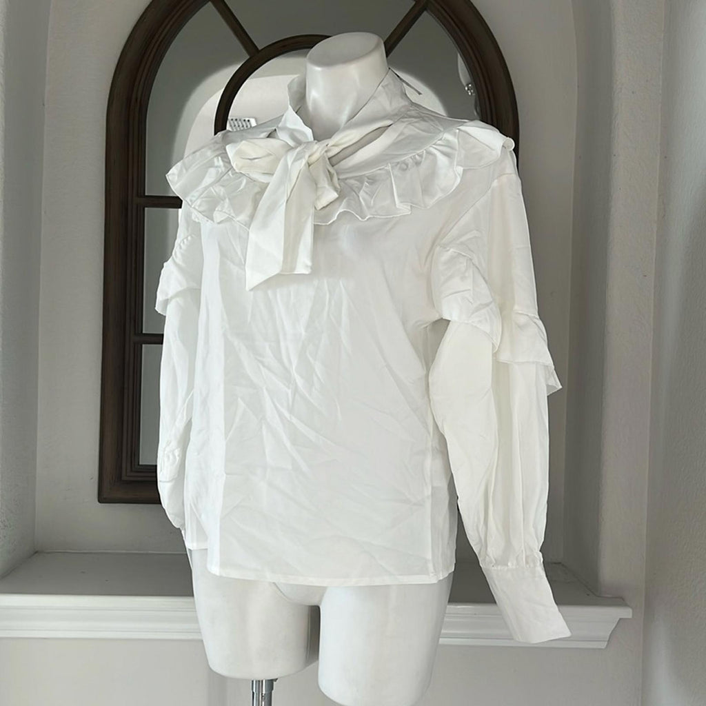 To My Lovers Ruffled Tie Sash Blouse in White, Size S New w/Tag $160